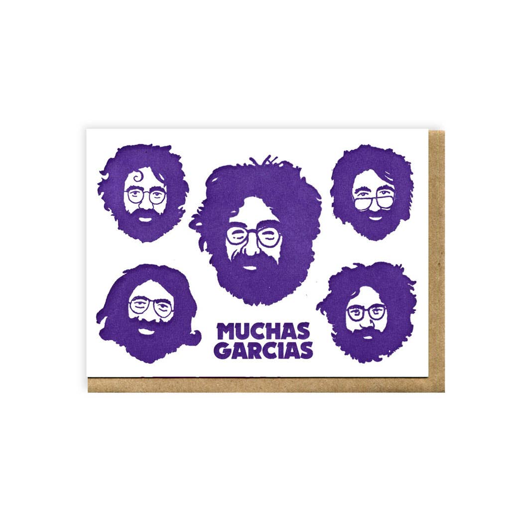 Front of greeting card with five drawings of Jerry Garcia's head in purple on a white background.