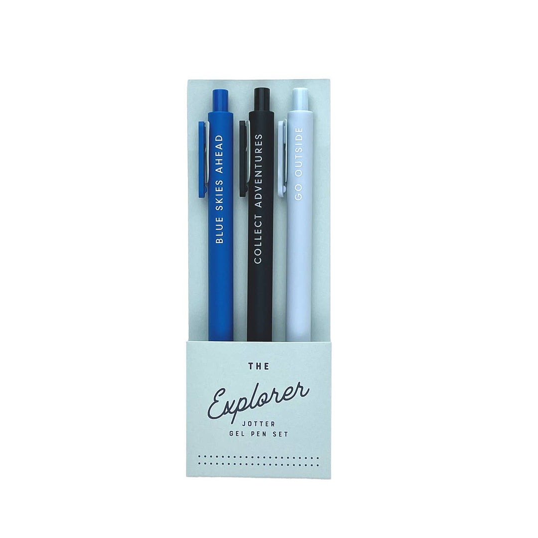 Blue, black and light blue pens in a cardboard sleeve.