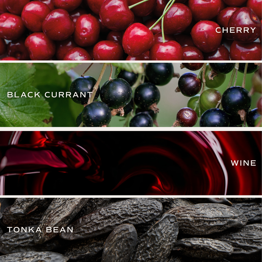 Collage with labels of the candle's scents: cherries, black currants, wine, and tonka beans.
