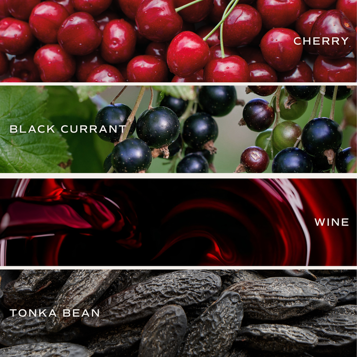 Collage with labels of the candle's scents: cherries, black currants, wine, and tonka beans.