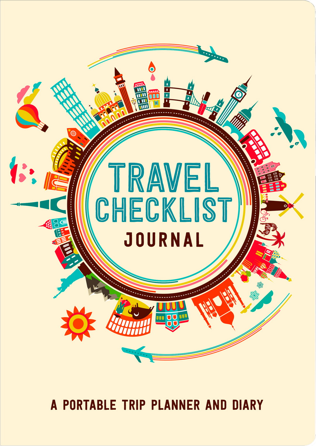 Front of Travel Checklist Journal with colorful design of iconic buildings and monuments from around the world.