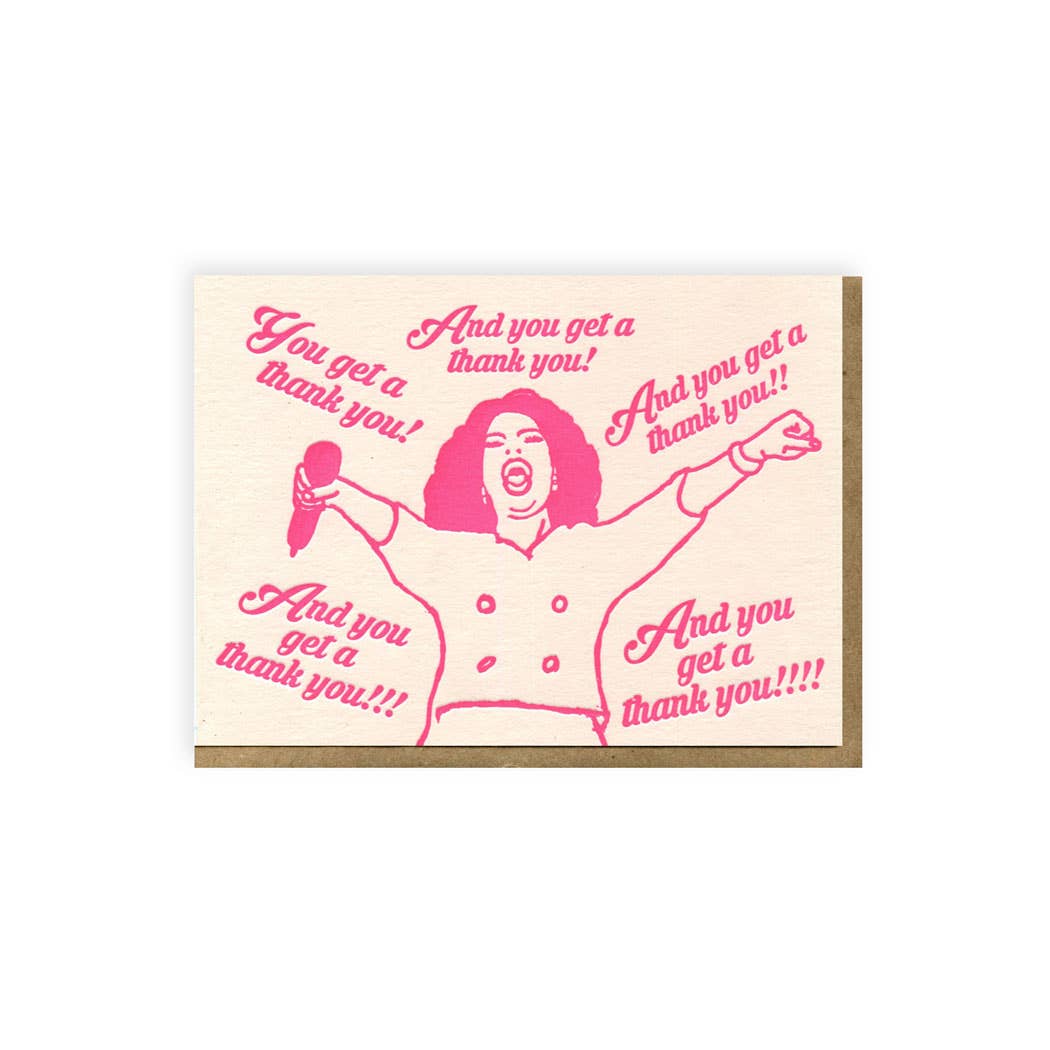 Drawing in pink of Oprah holding a microphone surrounded by "you get a thank you" five times on an off-white background.