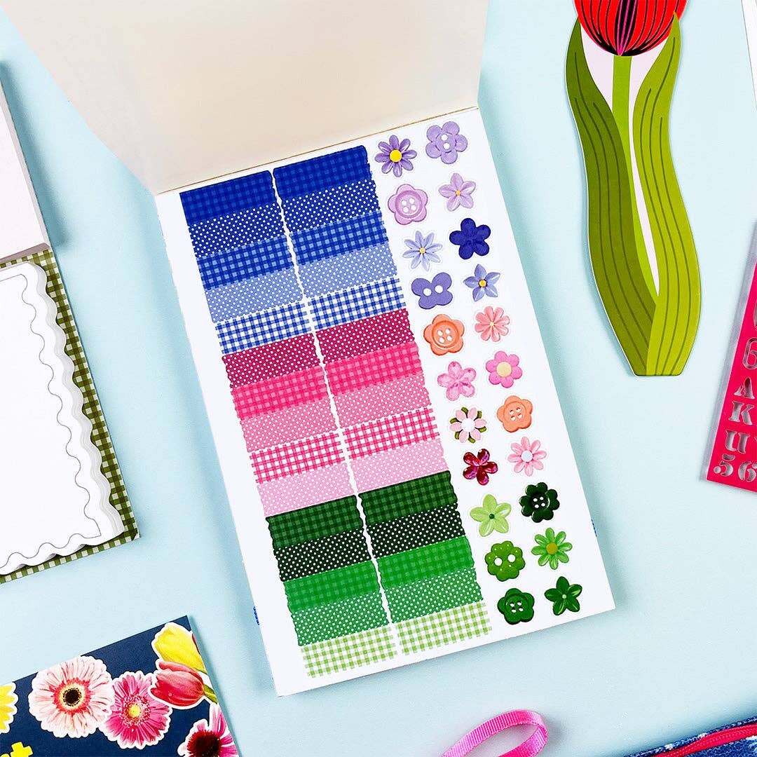 Sheet of decorative stickers with checked patterns and blossoms.