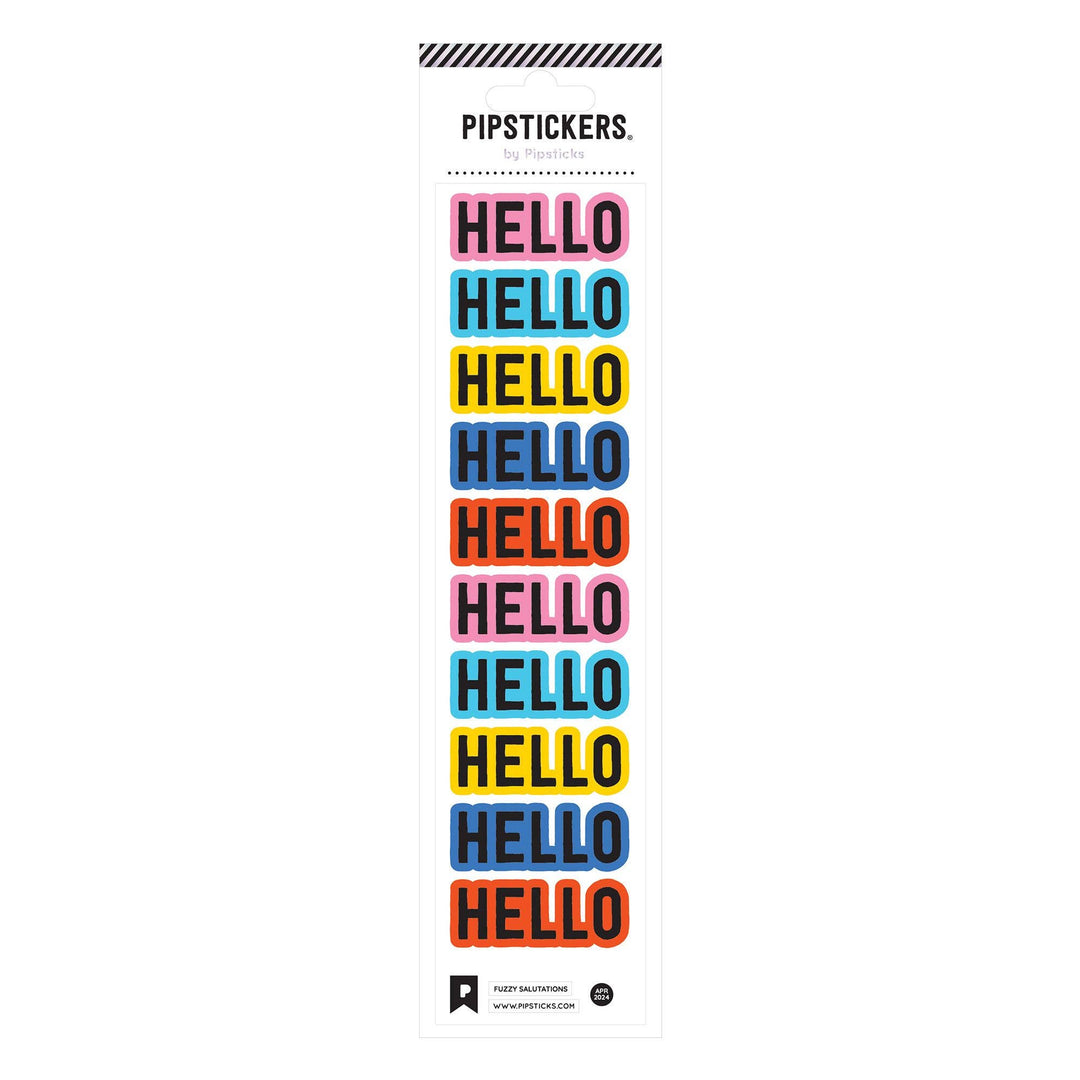 10 "hello" stickers in colors of he rainbow.