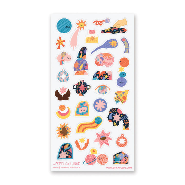 Sheet of more than two dozen colorful stickers with space-related designs 