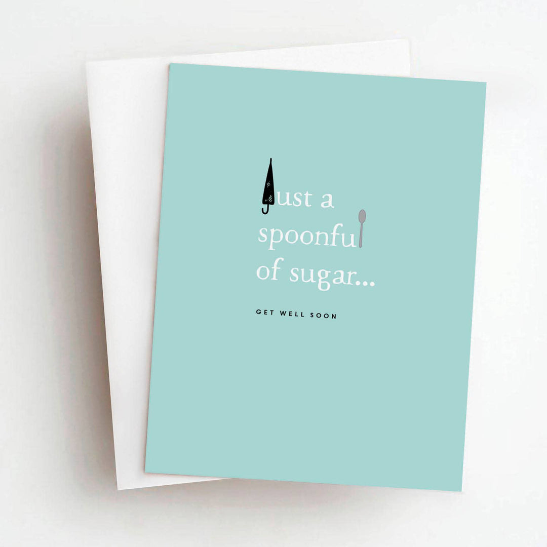 Front of card with small drawing of a Mary Poppin's style closed umbrella and spoon, with white text on blue card stock.