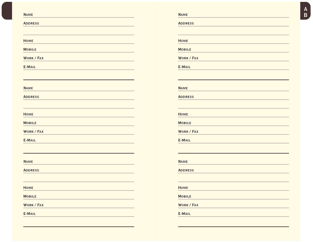 Address book opened to show two pages with pre-printed contact information fields for a total of six entries. Tab with 'AB' is at the top right.
