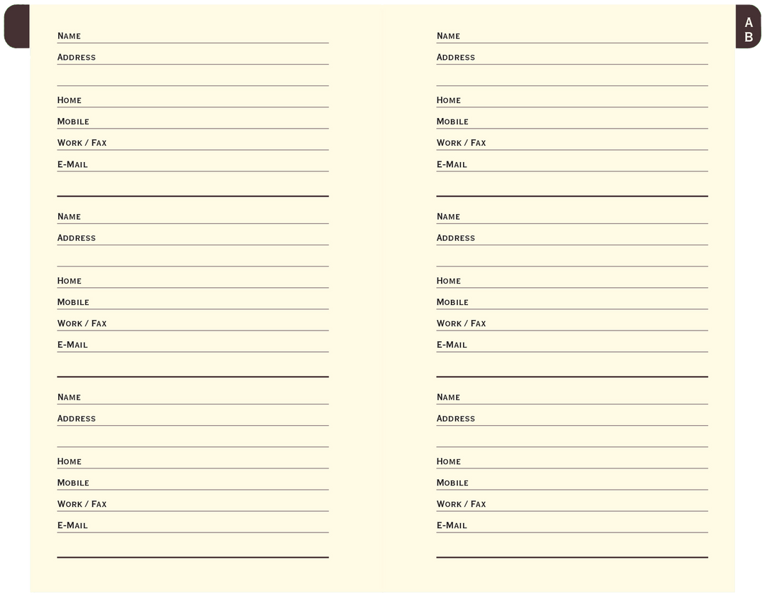 Address book opened to show two pages with pre-printed contact information fields for a total of six entries. Tab with 'AB' is at the top right.
