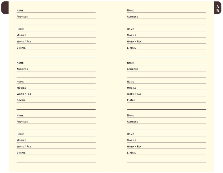 Address book opened to show two pages with pre-printed contact information fields for a total of six entries. Tab with 'AB' is at the top right.