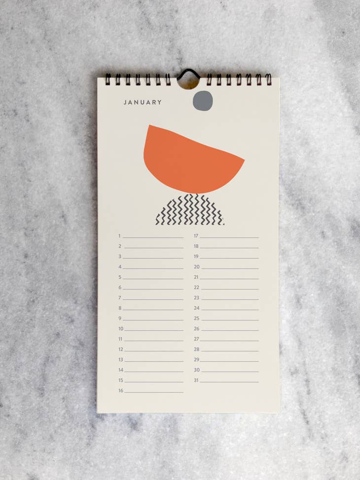 The page for January with an abstract drawing of two half circles atop each other, one orange and the other black squiggles, above lines for each day in the month.
