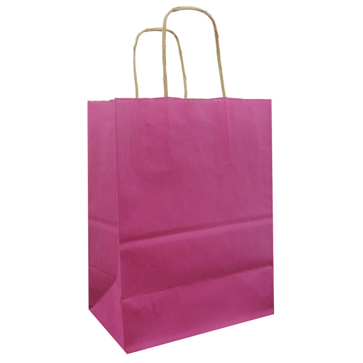 Magenta paper bag with brown interior and handles. 