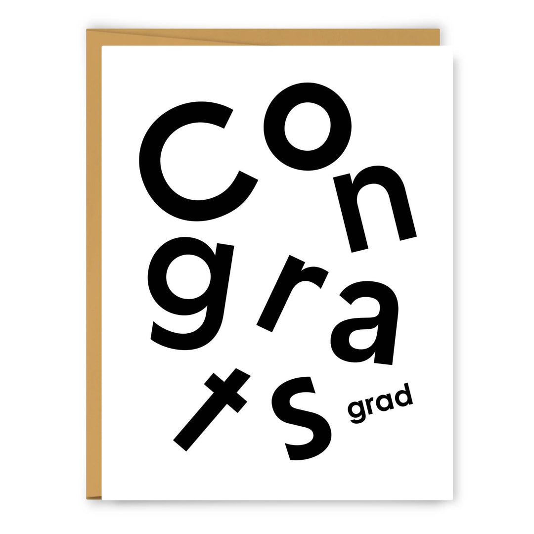 "Congrats" in large black letters spilling down the card, with "grad" in smaller letters at the end.