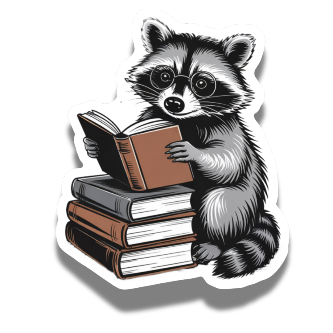 Bespectacled black and gray raccoon reading a book that rests on a stack of three more books.