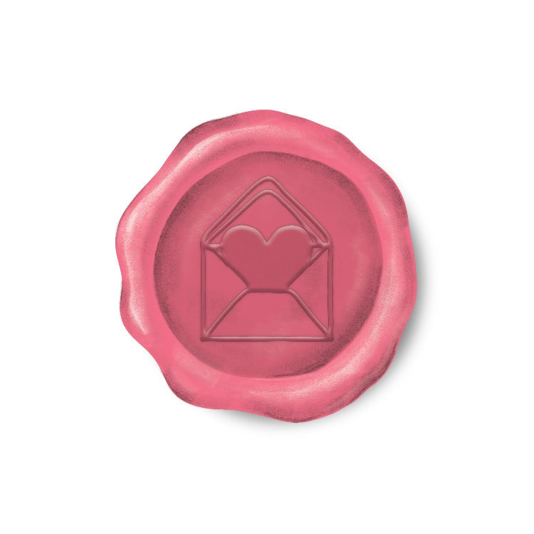 Round sticker resembling a wax seal with heart in envelope in red.