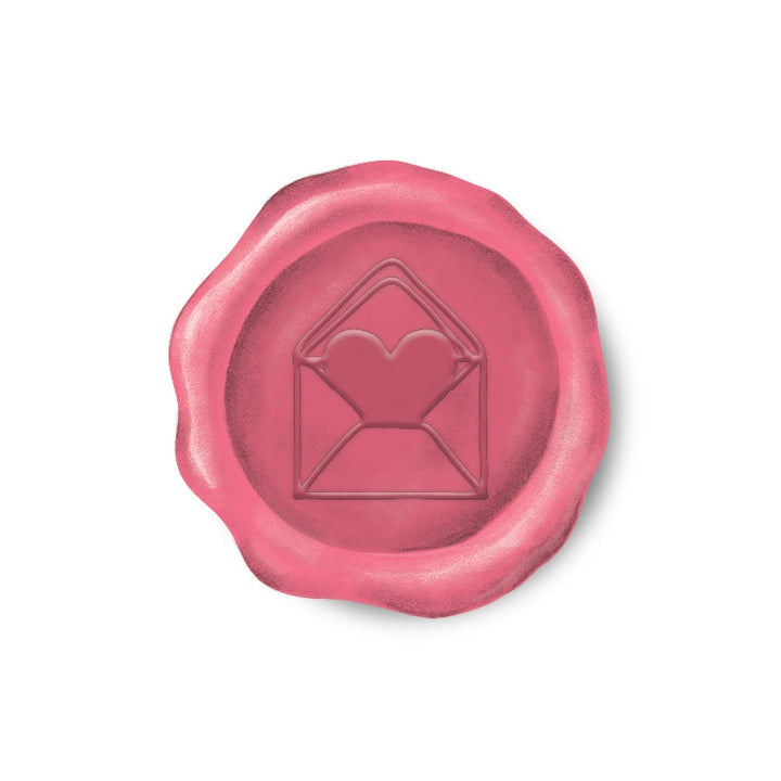 Round sticker resembling a wax seal with heart in envelope in red.