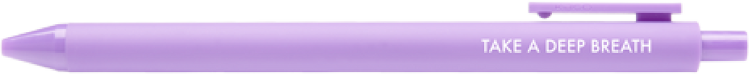 Lavender gel pen with clip and clicker and white text.