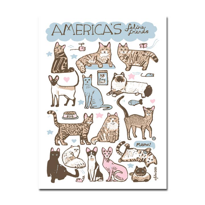 Greeting card cover with over a dozen different species of cats in various typical cat positions. 