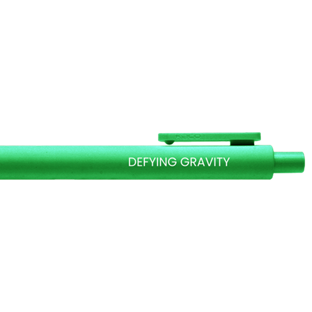Bright green gel pen with clip and clicker and white text.