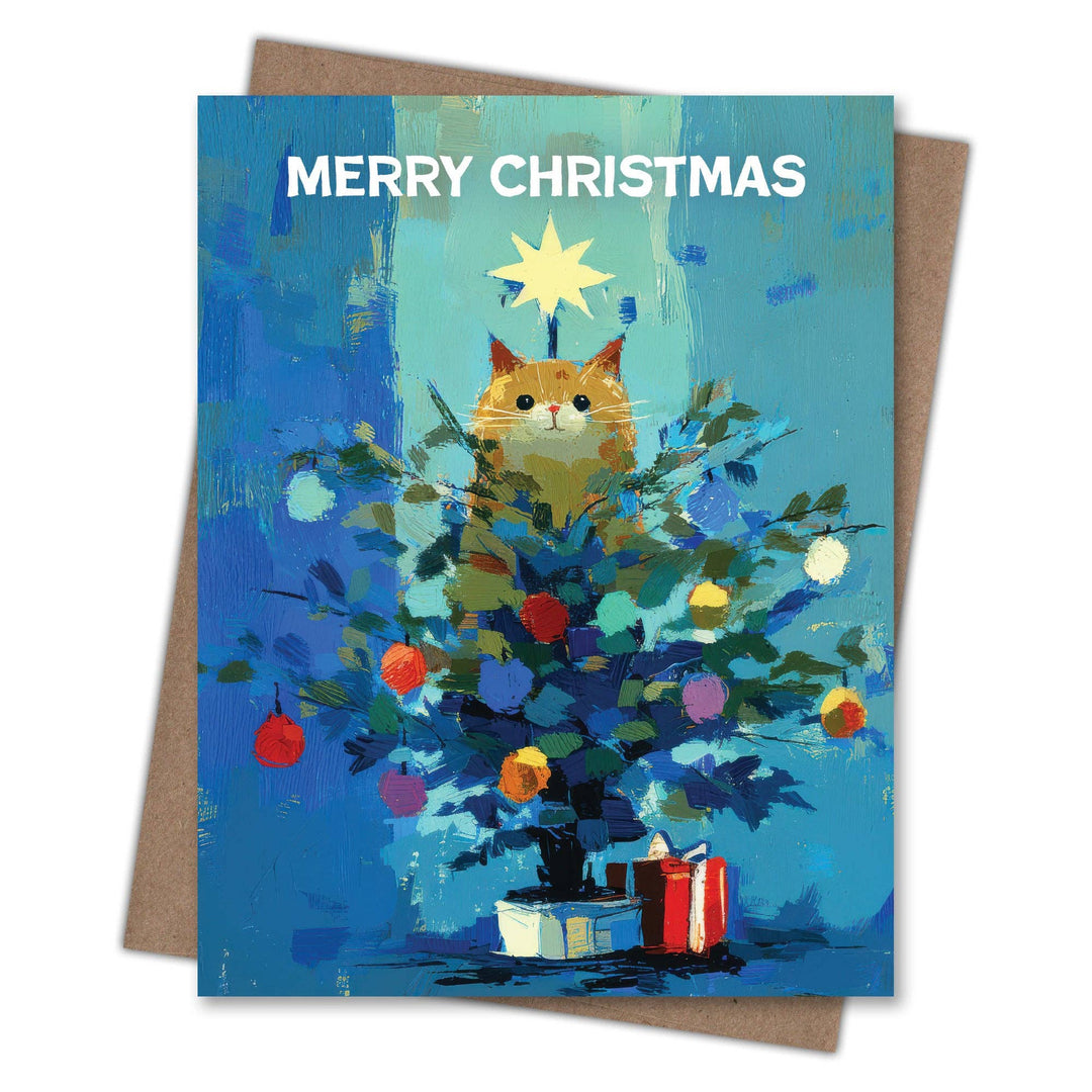 Christmas card with a cat in a amall decorated tree, featuring a blue background and 'Merry Christmas' text.