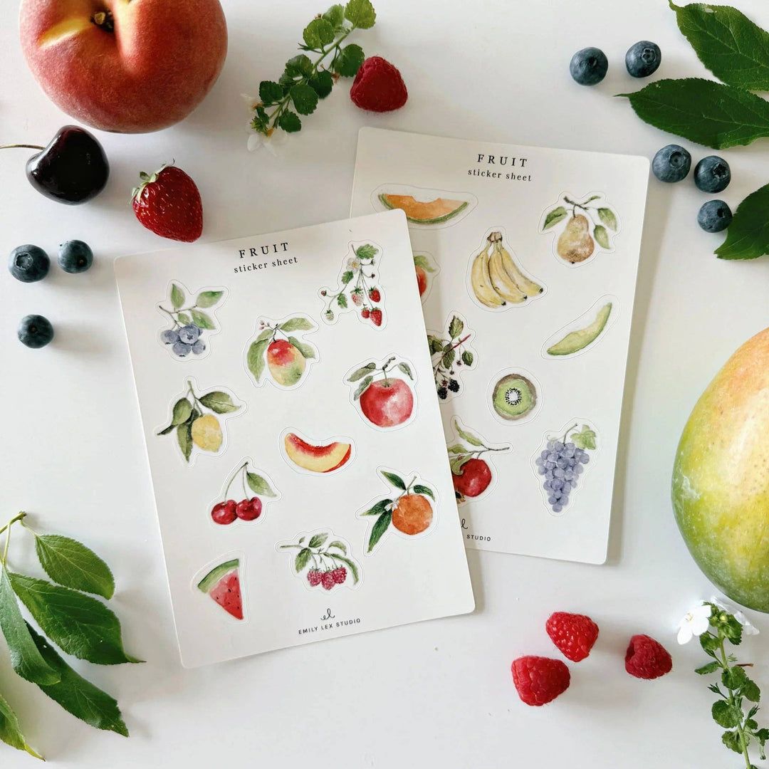 Two sticker sheets with 10 watercolor images of different fruit on each sheet.