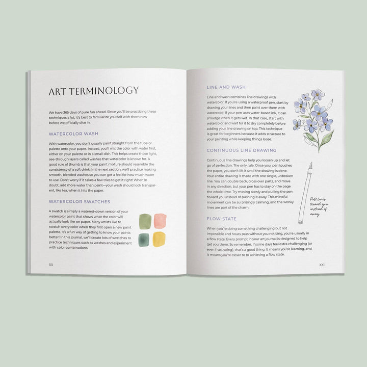 Open book with text describing art terminology with an illustration of each term.