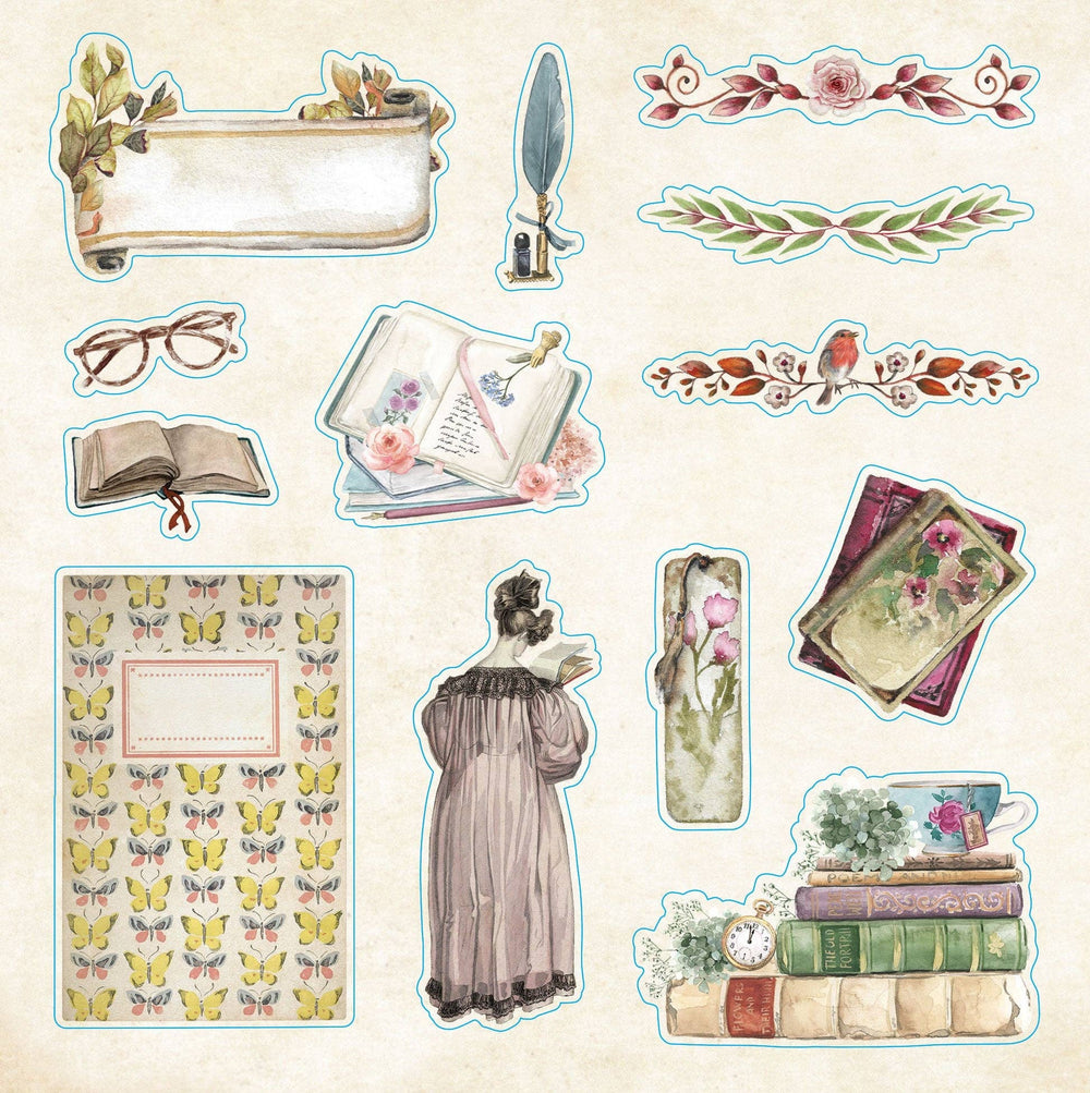 Sample page from sticker book of vintage images of books and other reading objects.