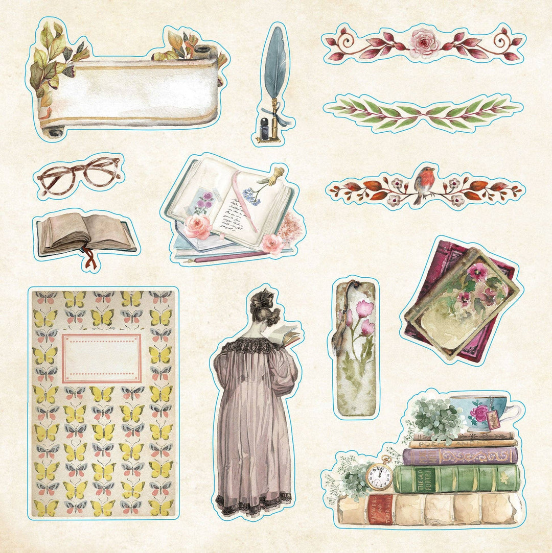 Sample page from sticker book of vintage images of books and other reading objects.