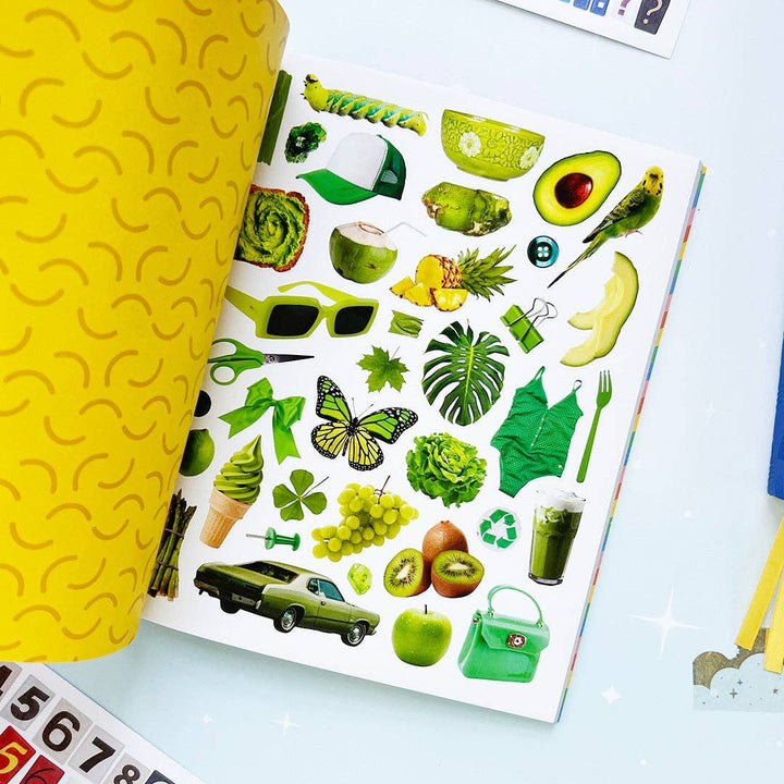 Page of various objects in green, including a cut avocado, leaf, and car.