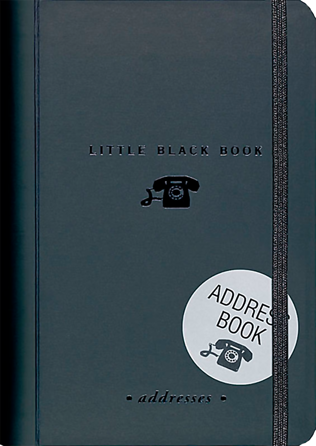 Front of black address book, with a small image of a rotary dial telephone.