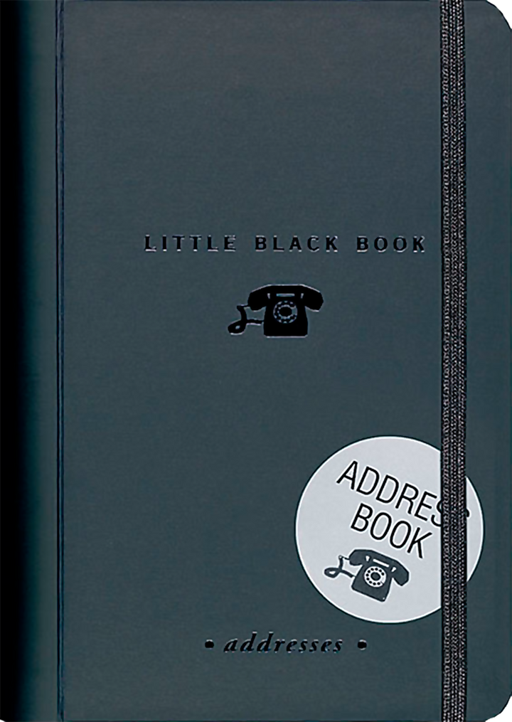 Front of black address book, with a small image of a rotary dial telephone.