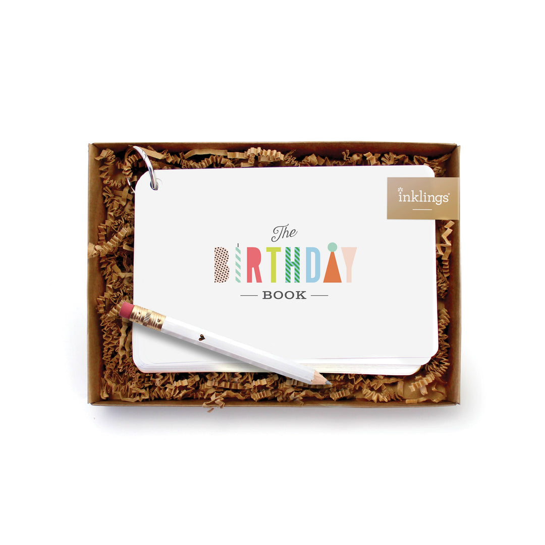 Gift set with 'The Birthday Book' and pen in a decorative box, featuring the brand 'inklings'.