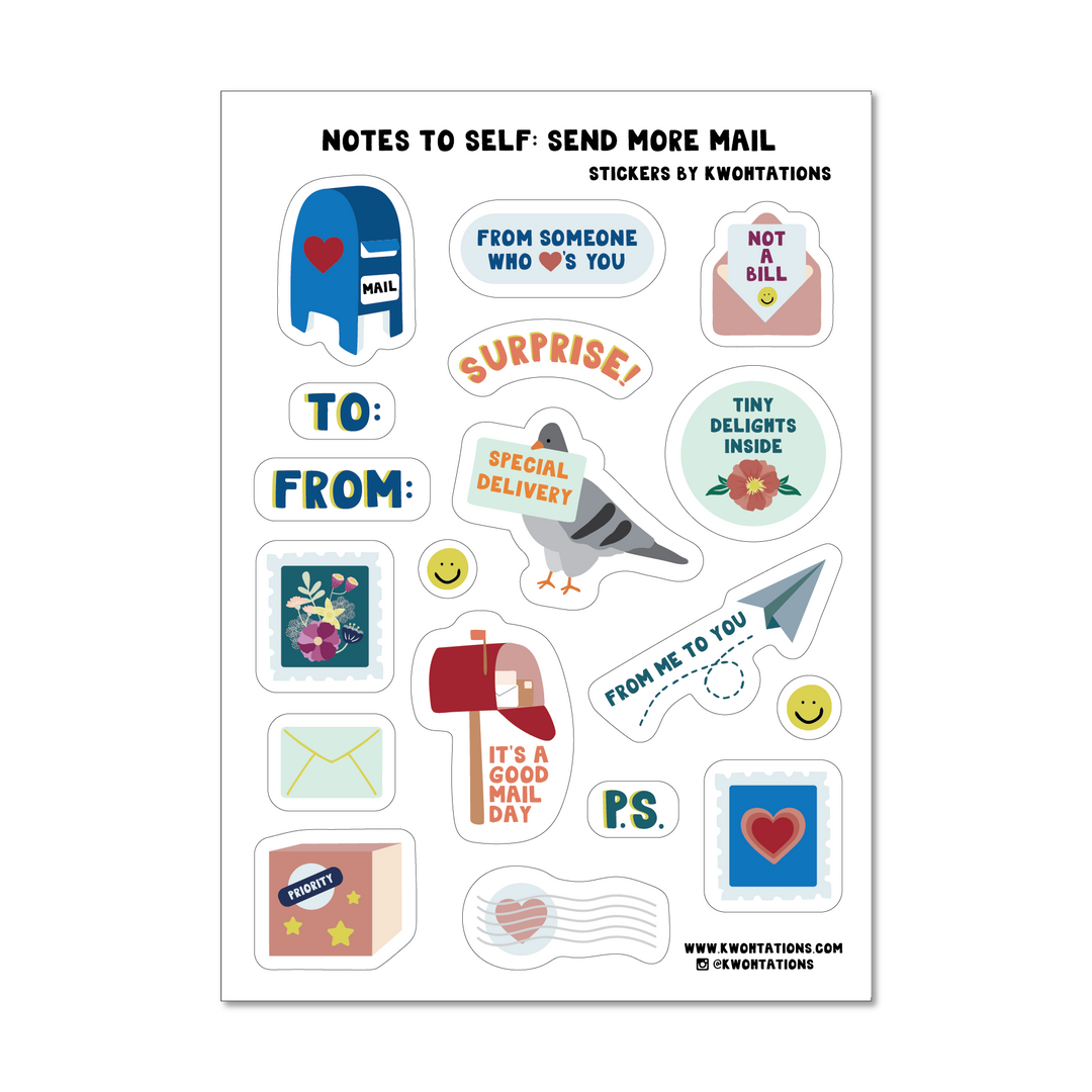 Sheet of 18 colorful stickers with various designs and text, such as a pigeon holding a "special delivery" sign, and an open mail box with the text "It's a good mail day."