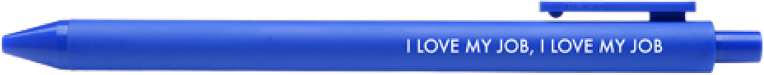 Blue gel pen with clip and clicker and white text.