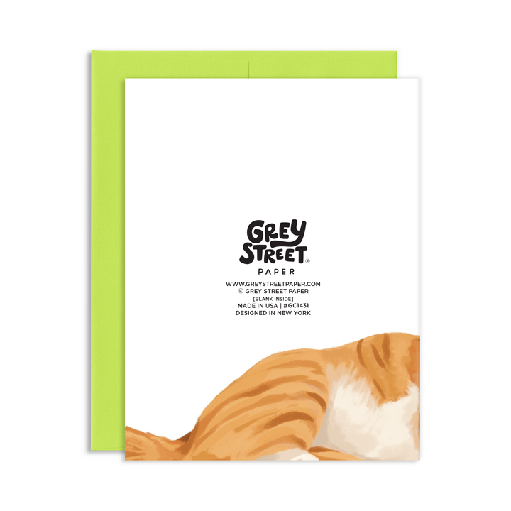 Back of card with Grey Street info and continuation of the cat drawing on the front, showing its back side and a bit of the tail.