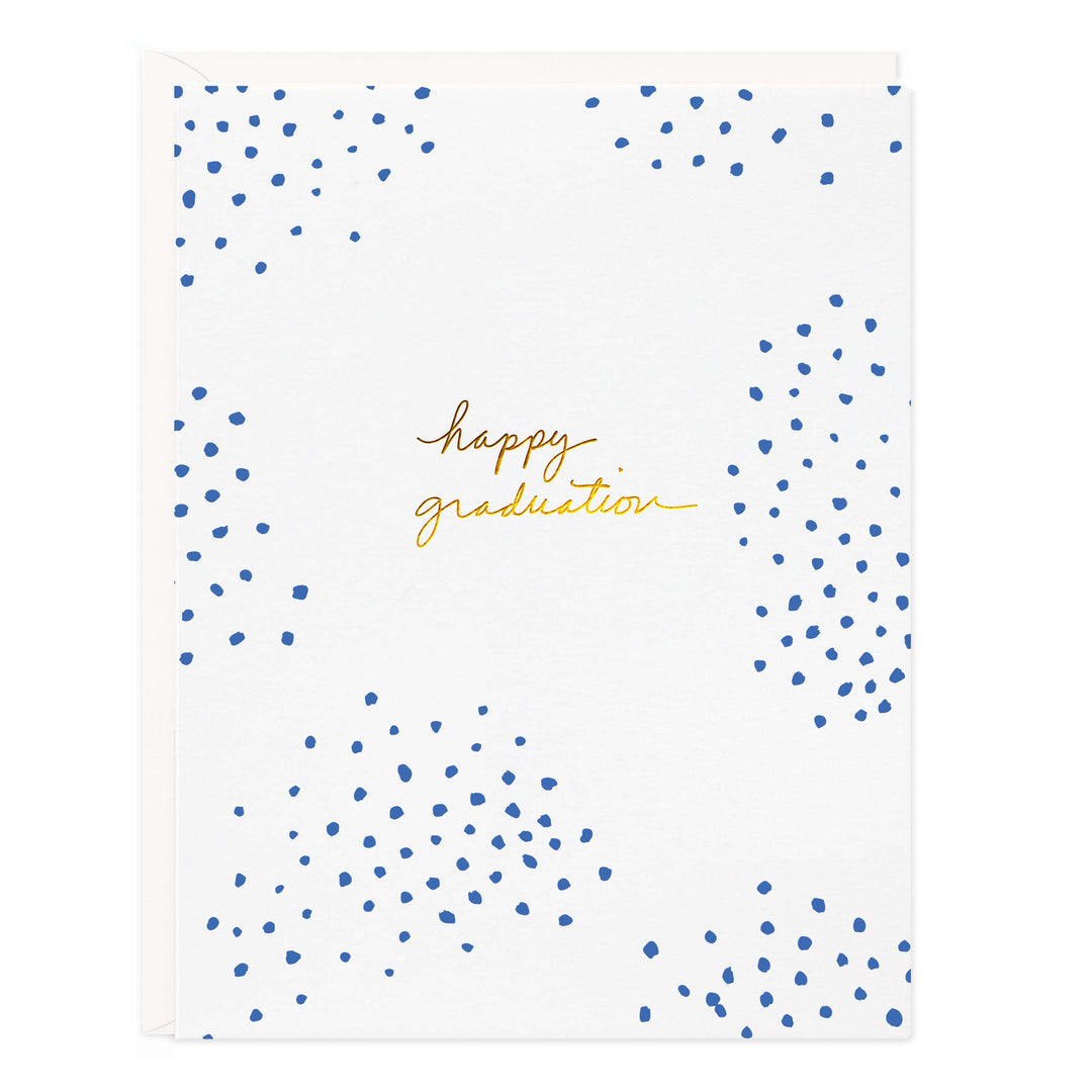 Front of card with abstract shapes consisting of small blue dots around the text 'happy graduation.'