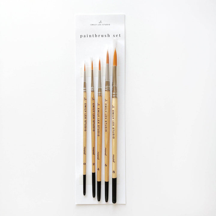 Five paintbrushes, ranging from size 0 to size 8.