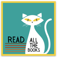 Mid-century modern cat with yellow eyes, and 'Read All The Books' text on a teal background with yellow border.