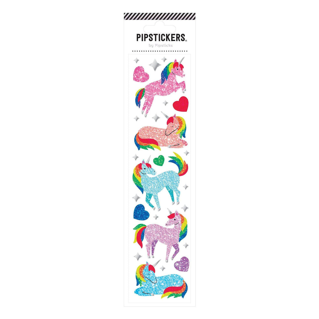 Five colorful and glittery unicorns in various positions, with glitter hearts.