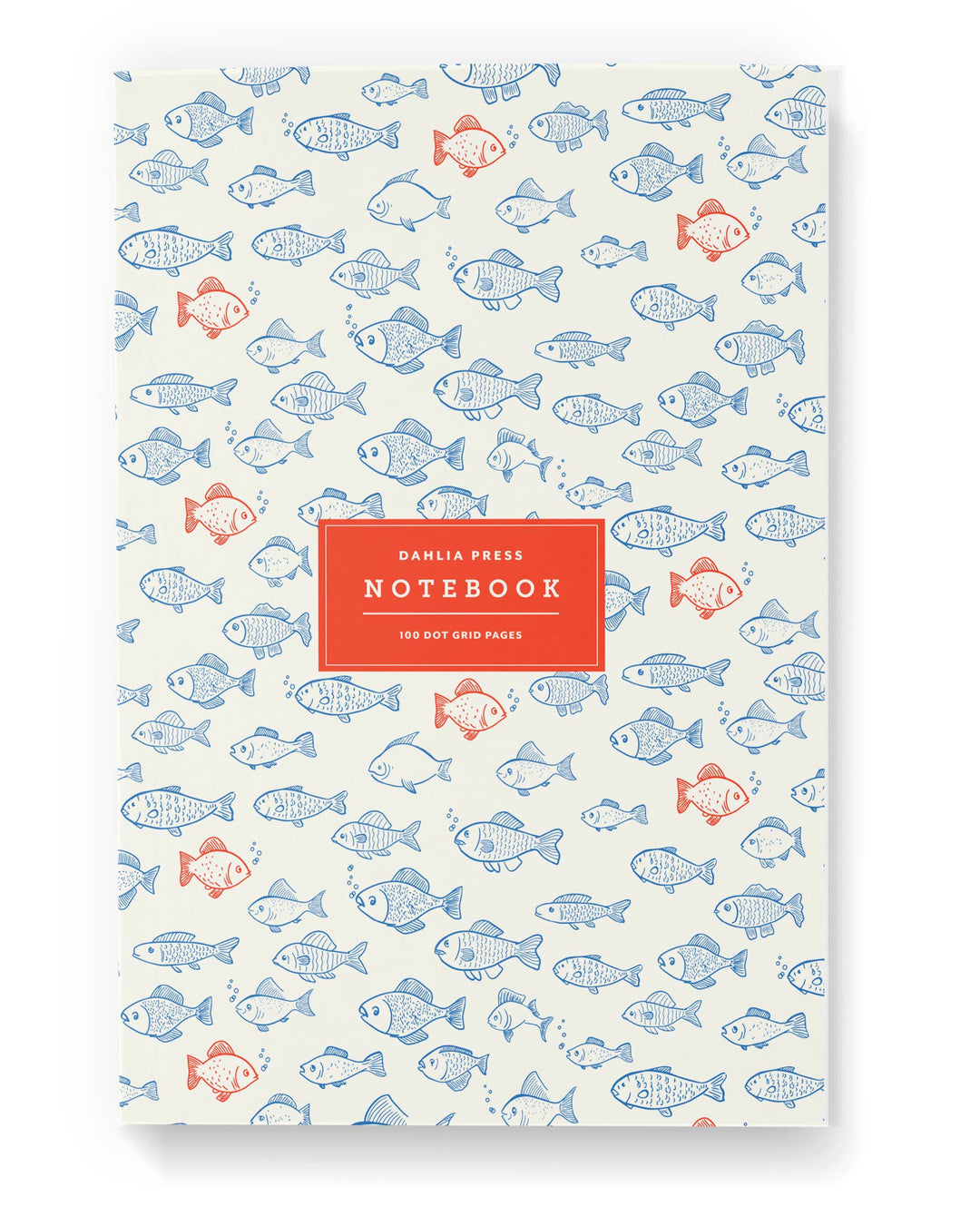 Notebook cover of dozens of orange and blue line drawings of fish on a white background .