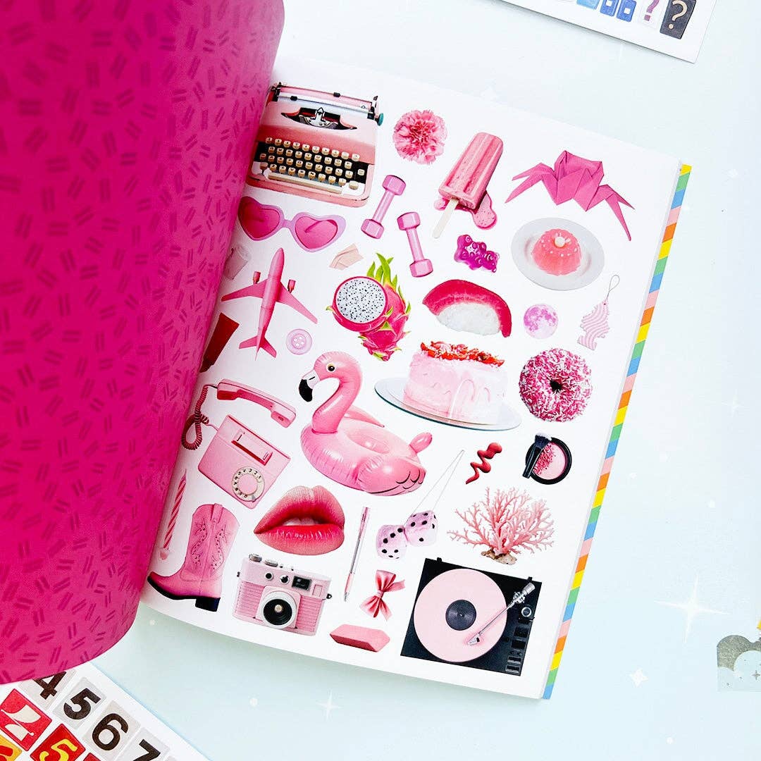 Page of various objects in pink, including a flamingo, a donut, and a typeriter.