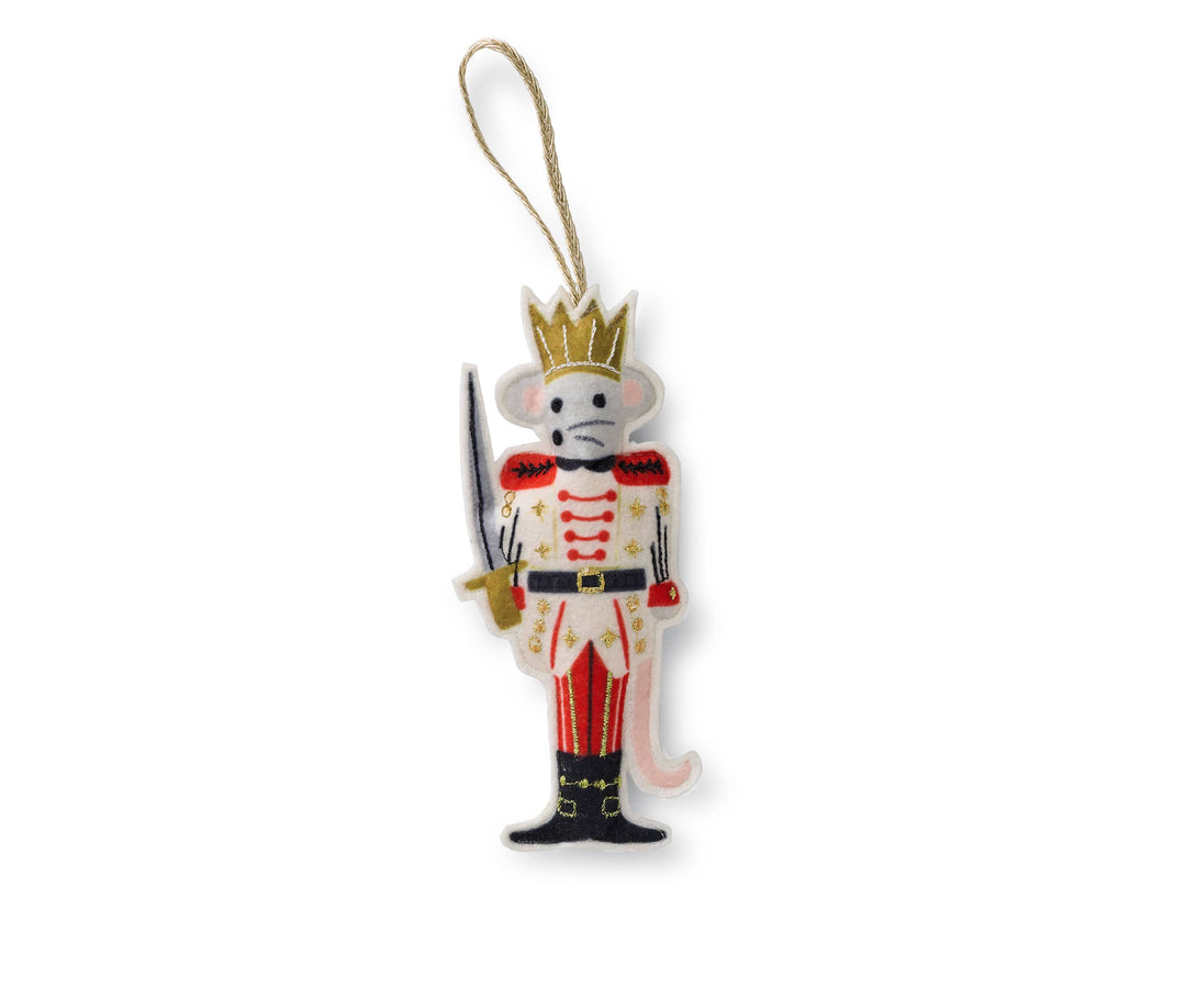 Mouse king wearing a gold grown, white and red jacket, red pants, and black boots,  carrying a silver sword, and with a gold hanging string.
