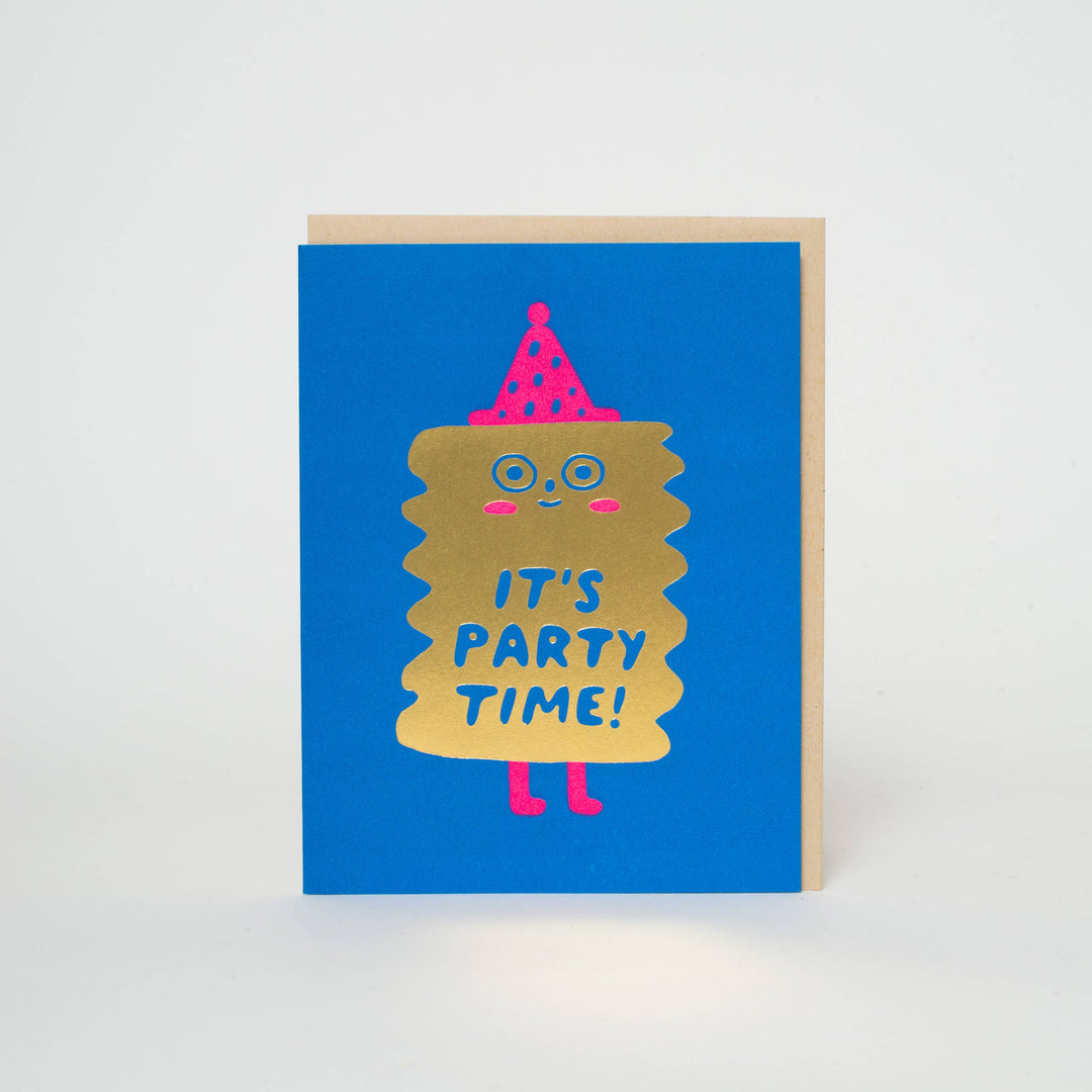 Abstract image with a face and pink legs, and wearing a pink party hat, on blue cardstock.