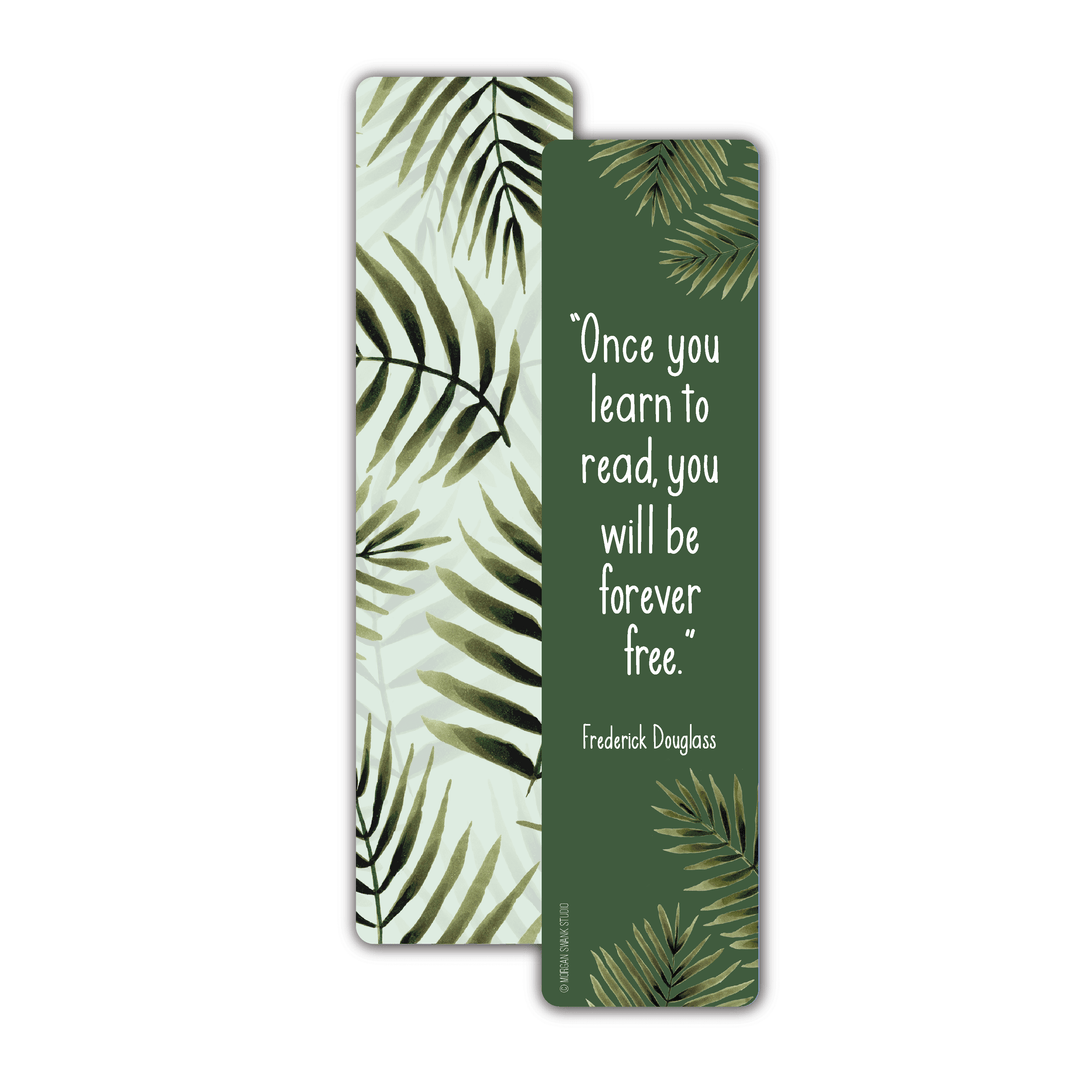 Both sides of the bookmark; green leaf pattern on one side and a Frederick Douglass quote on the other.