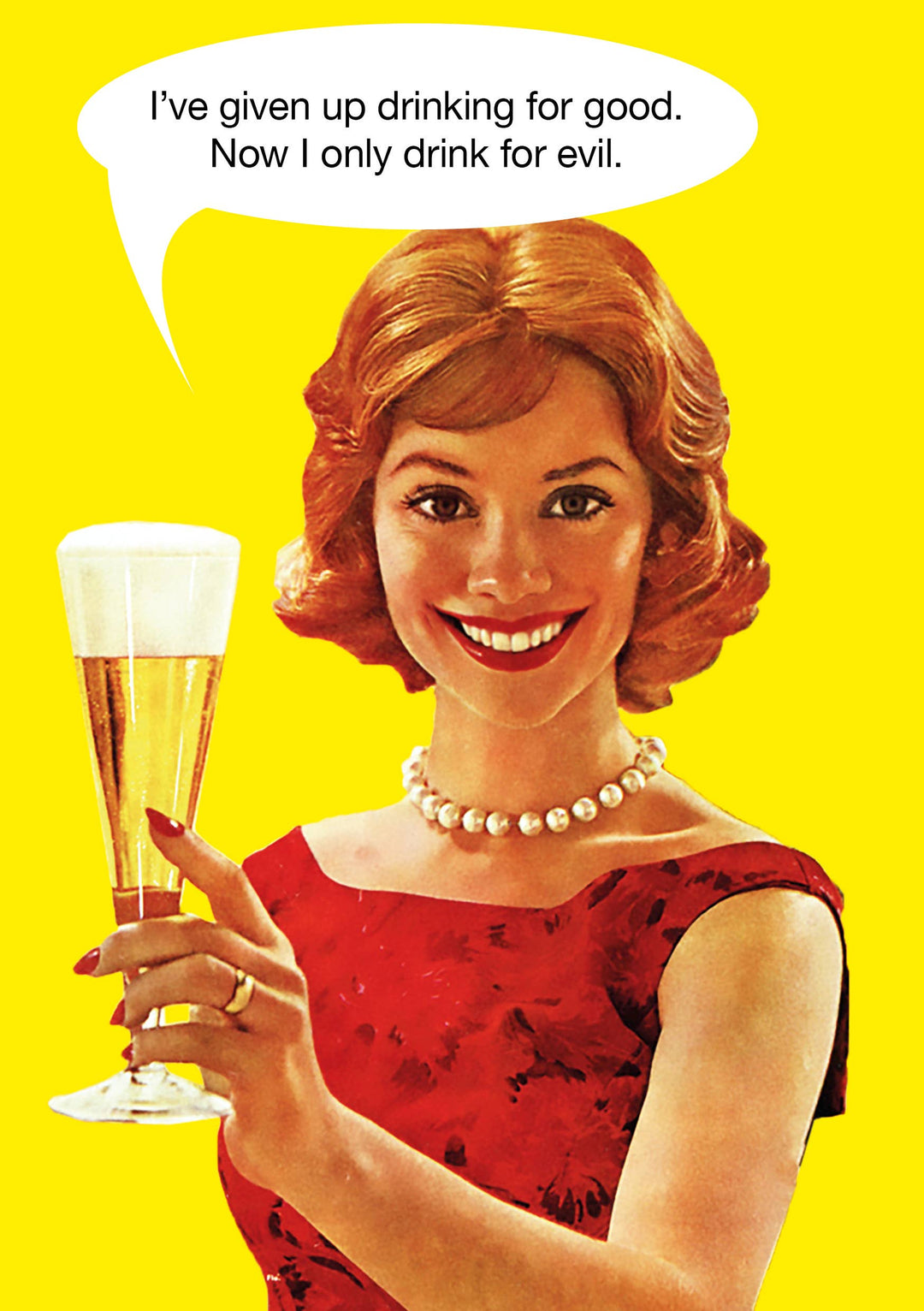 50's styled woman wearing pearls, a red dress and a sinister smile, holding a pilsner glass of beer.