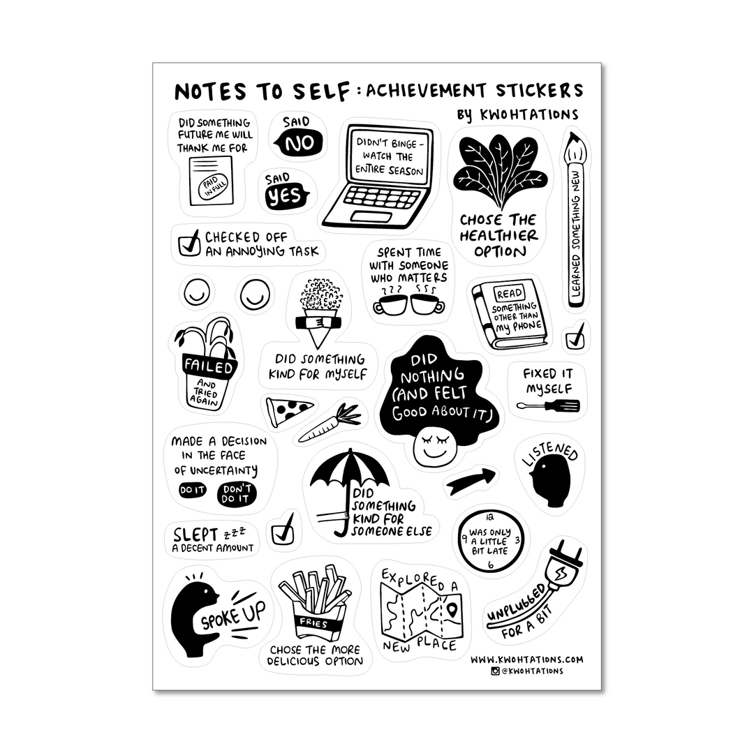 Sheet of more than two dozen achievement stickers with black and white illustrations and labels like "checked off an annoying task," "explored a new place," and "did nothing and felt good about it."