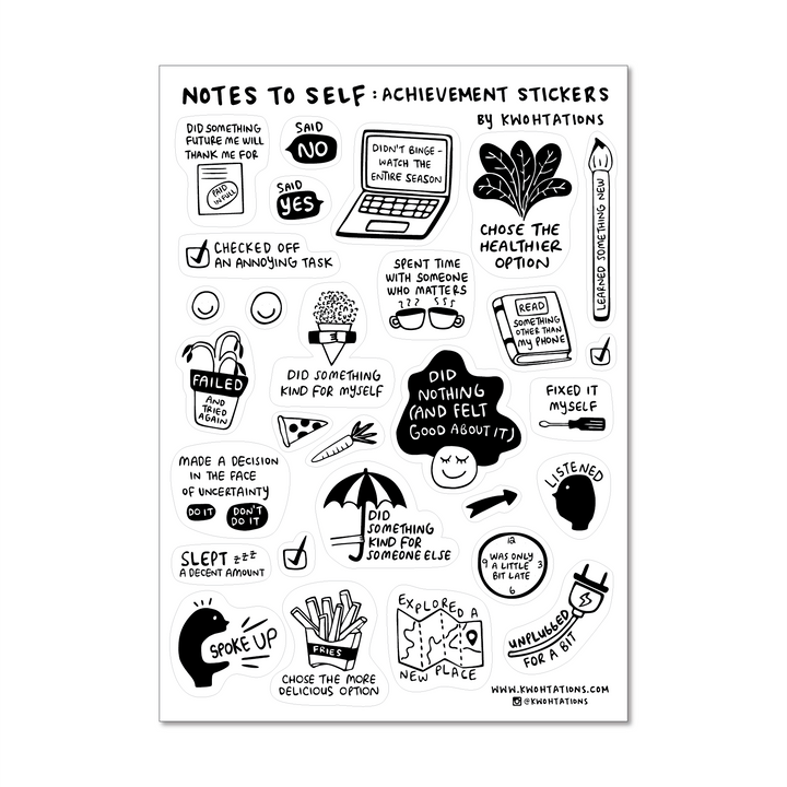 Sheet of more than two dozen achievement stickers with black and white illustrations and labels like "checked off an annoying task," "explored a new place," and "did nothing and felt good about it."