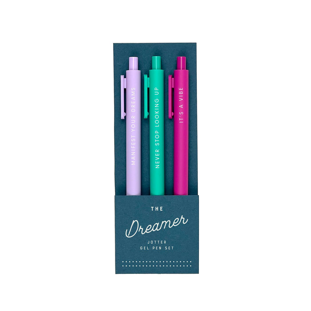 Lilac, green and pink pens in a turquoise cardboard sleeve.