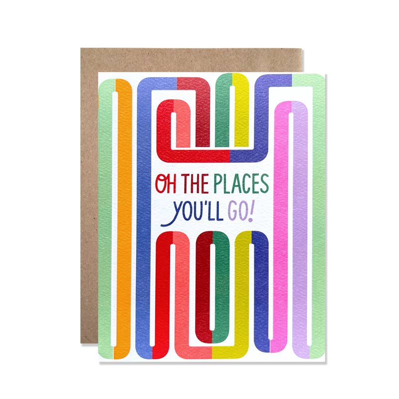 Hand-lettered text in multiple colors in the middle of the card and surrounded by colorful bars and loops.