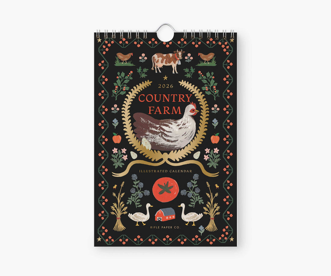 Cover of 2026 Country Farm illustrated with farm animals and decorative elements, with a spiral wire binding with hook for hanging at top.