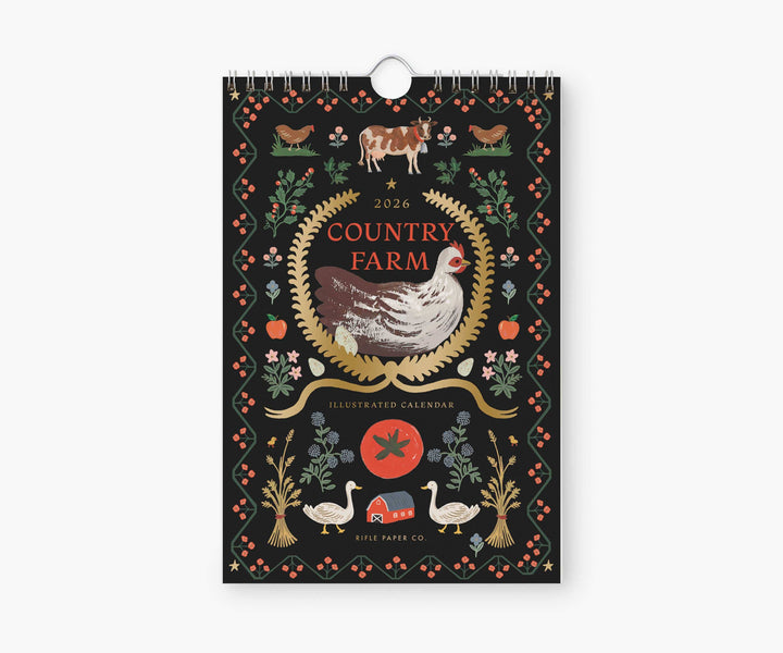 Cover of 2026 Country Farm illustrated with farm animals and decorative elements, with a spiral wire binding with hook for hanging at top.